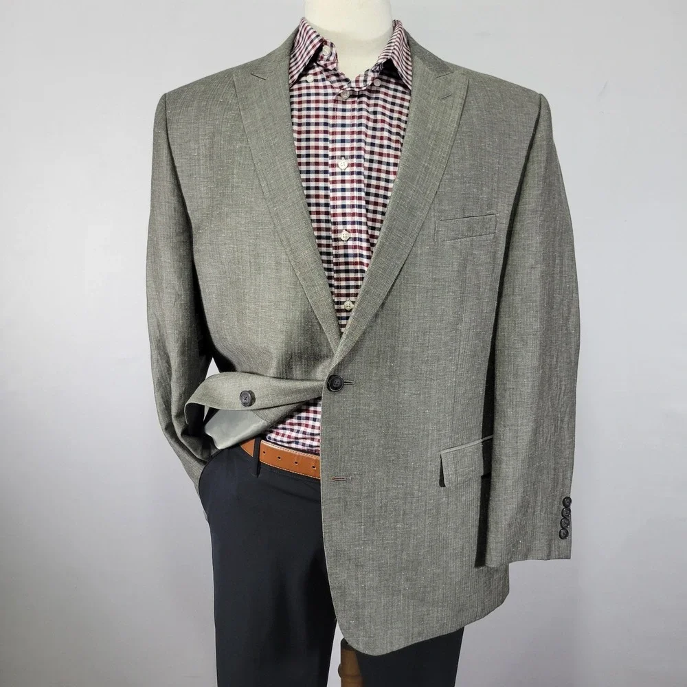 Calvin Klein Men's Sport‎ Coat Blazer Two Button Gray Herringbone Linen Wool 46R